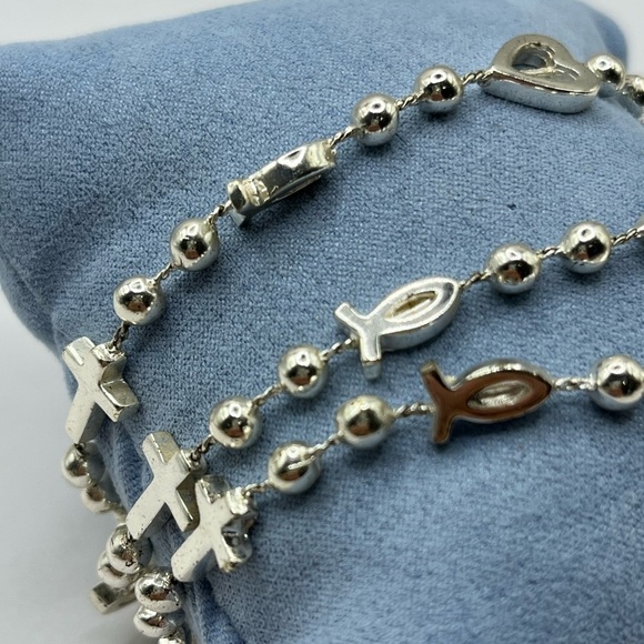 Silver Heart and Cross Charm Beaded Bracelet with Multi-Strand Design Bracelet - Picture 5 of 12